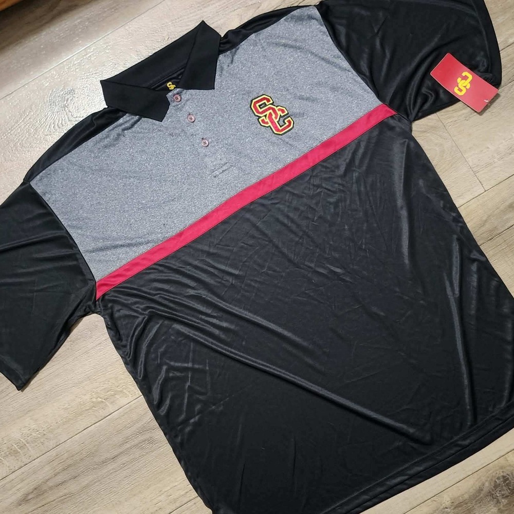 New USC‎ Trojans Polo Shirt Mens 2XLT Tall Black Grey Colorblock Authentic NWT